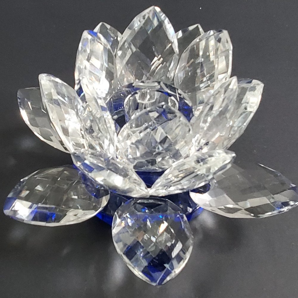 Faceted Crystal Lotus Candle Holder Glass Art Clear & Blue Cobalt Base Regency